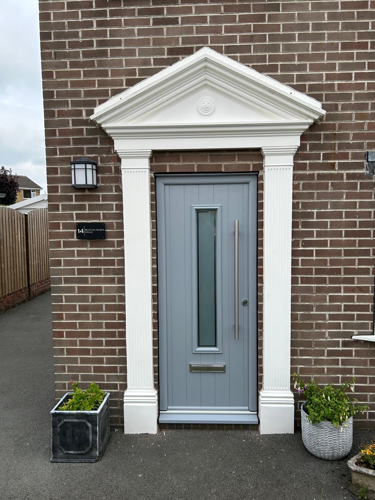 French Grey Flint 5 composite door with Victorian border glass and long bar handle