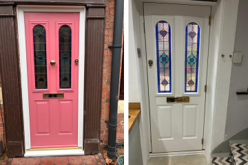 Antique rose on white Nottingham style composite door with Dorchester glass