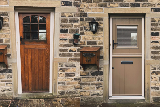 Before and after - Beeston Flint composite stable door in Truffle Brown