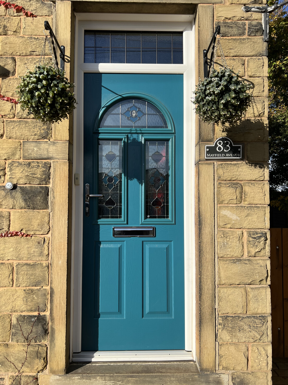Conway 3 composite door in Peacock Blue with Dorchester glass