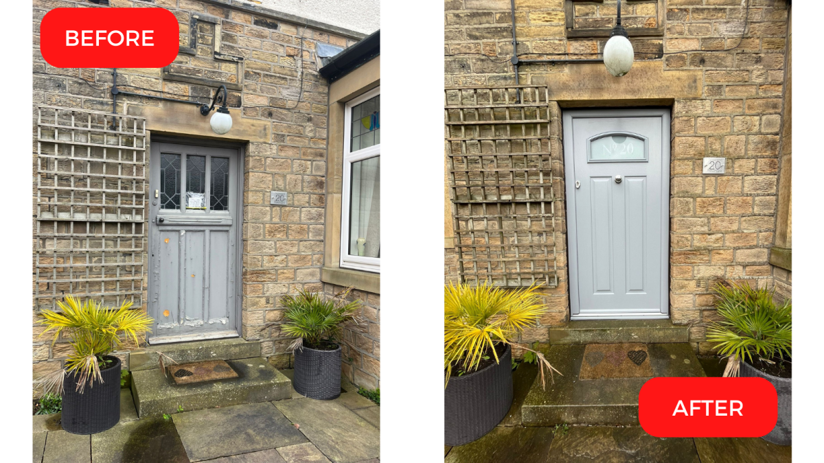 London composite door in French Grey with satin glass