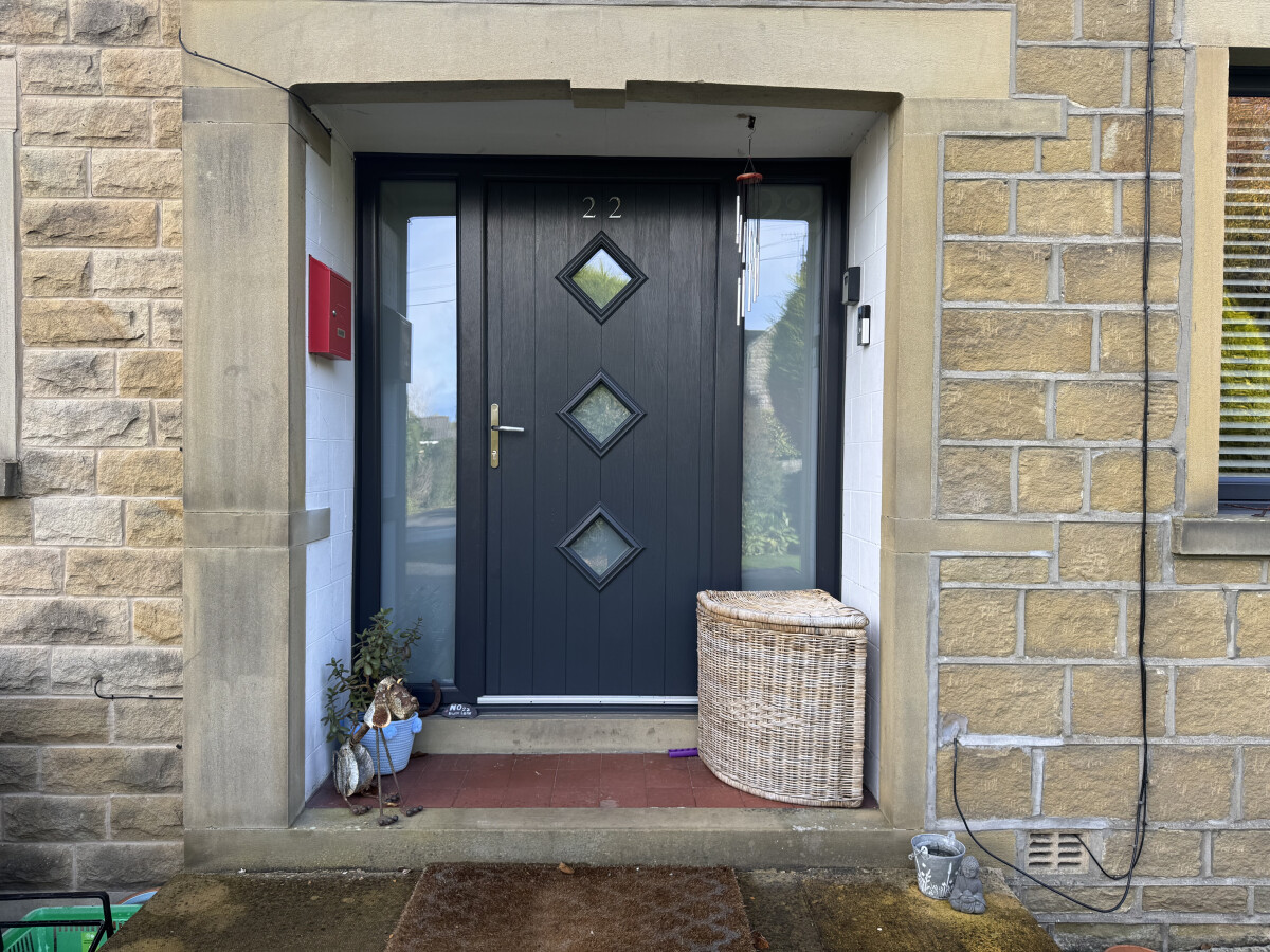Anthracite Grey Flint 3 composite door and sidelights with Satin glass, chrome handle and numbers