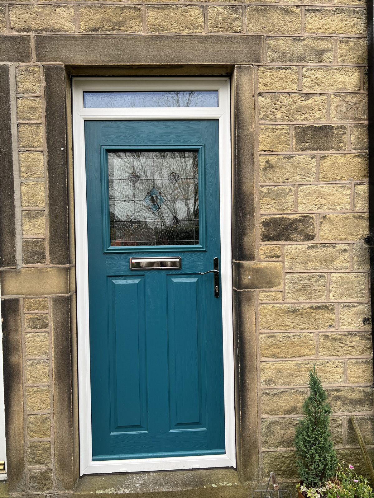 Stirling composite door in Peacock Blue with Dorchester glass